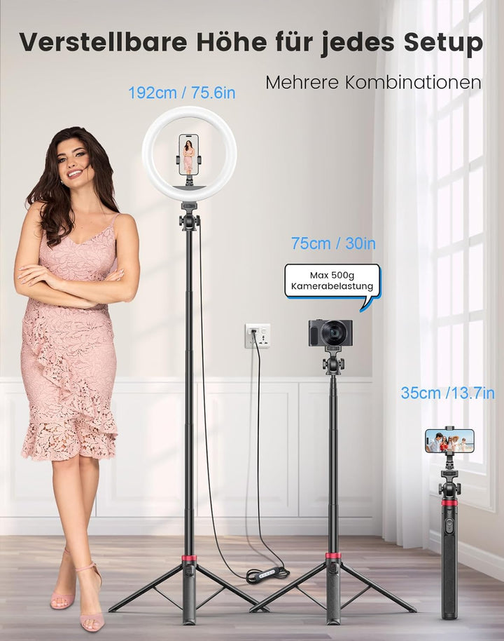10,2" Dimmbares Ringlicht mit 192cm Hohem Aluminium-Stativ, Flimmerfreies LED-Make-up-Licht/Cold-Sho