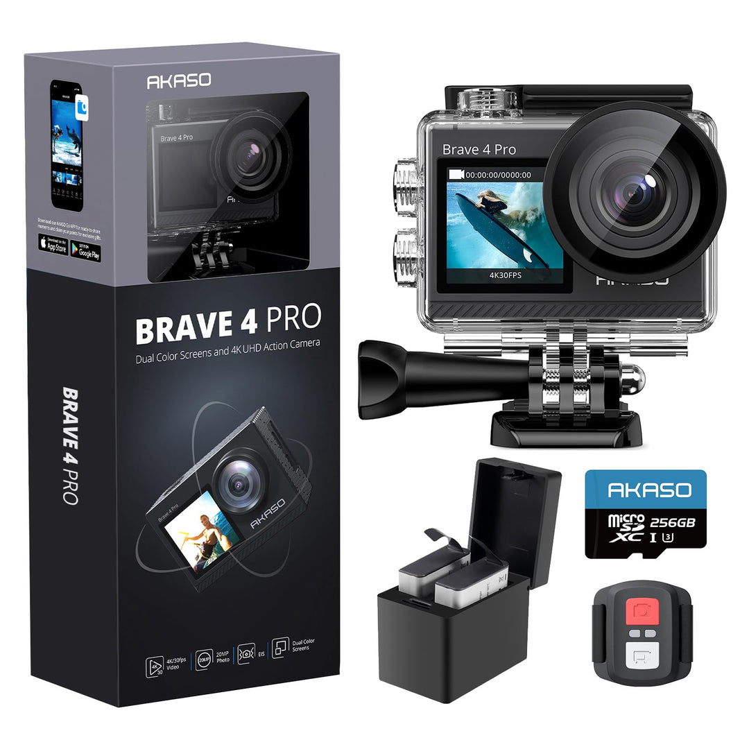 AKASO Brave 4 Pro Action Cam 4K 40M mit U3-Speicherkarte 256 GB, Kamera 20 MP WiFi 170 ° Weitwinkel