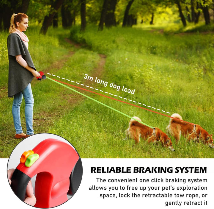 Doppelleine für 2 Hunde - 3 Meter, Einziehbare und Ausziehbare Hundeleine mit Lichtfunktion, Ergonom