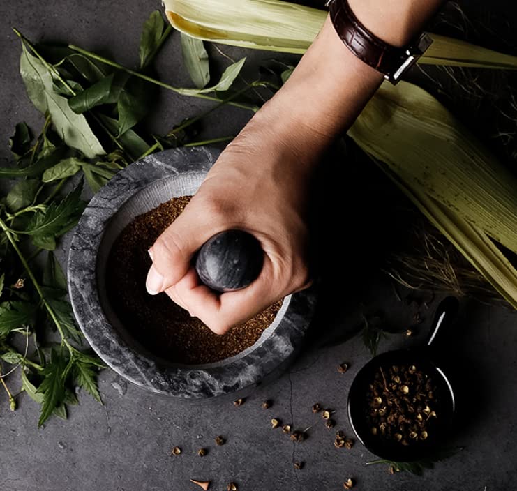 MARINDO Granit Mörser mit Stössel | Mörser mit extra langem Stössel & Gold ummantelter Kupferbasis |