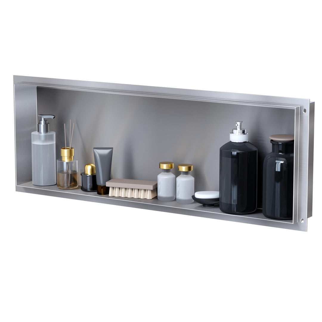 VILSTEIN Wandnische Dusche 30x90 cm [ROSTFREI] - Randlose Nische - Wandnische Silber - Einbauregal f
