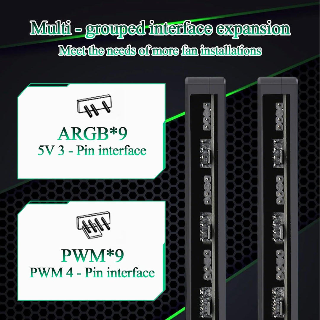 ARGB-PWM Controller Hub, 9 x 5V 3 PIN ARGB , 9 x 4 PIN PWM, 2 in 1 ARGB PWM Lüfter Hub mit Controlle
