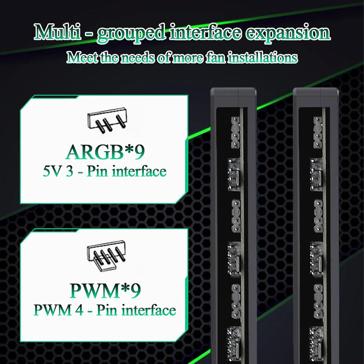 ARGB-PWM Controller Hub, 9 x 5V 3 PIN ARGB , 9 x 4 PIN PWM, 2 in 1 ARGB PWM Lüfter Hub mit Controlle