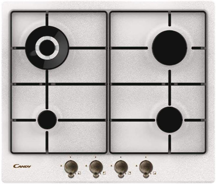Candy CHW6BRAV4WGT Einbau-Gasherd, 4 Brenner, klassische Linie, emaillierte Grillroste, Sicherheitsv