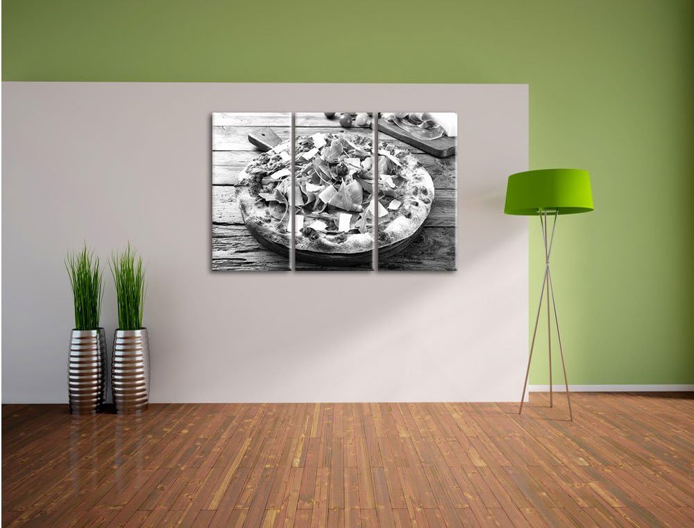 Pixxprint Prosciutto Pizza auf Holztisch / 3-Teilig/Gesamtmass 120cm Leinwandbild bespannt auf Holzr