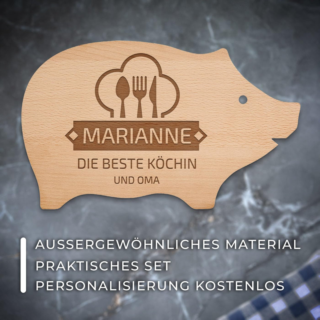 Maverton Schneidebrett Schweinchen mit Gravur - aus Buchenholz - Brotzeitbrett Küchenbrett - Grösse: