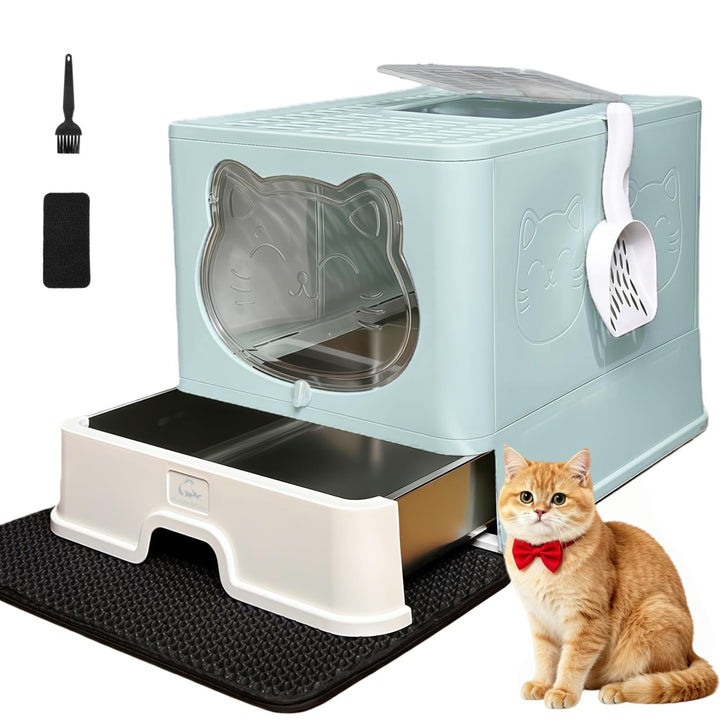 Geschlossenes Katzenklo mit Dach/Deckel &amp; rostfreier Edelstahl-Schublade - Katzentoilette mit Aktivk