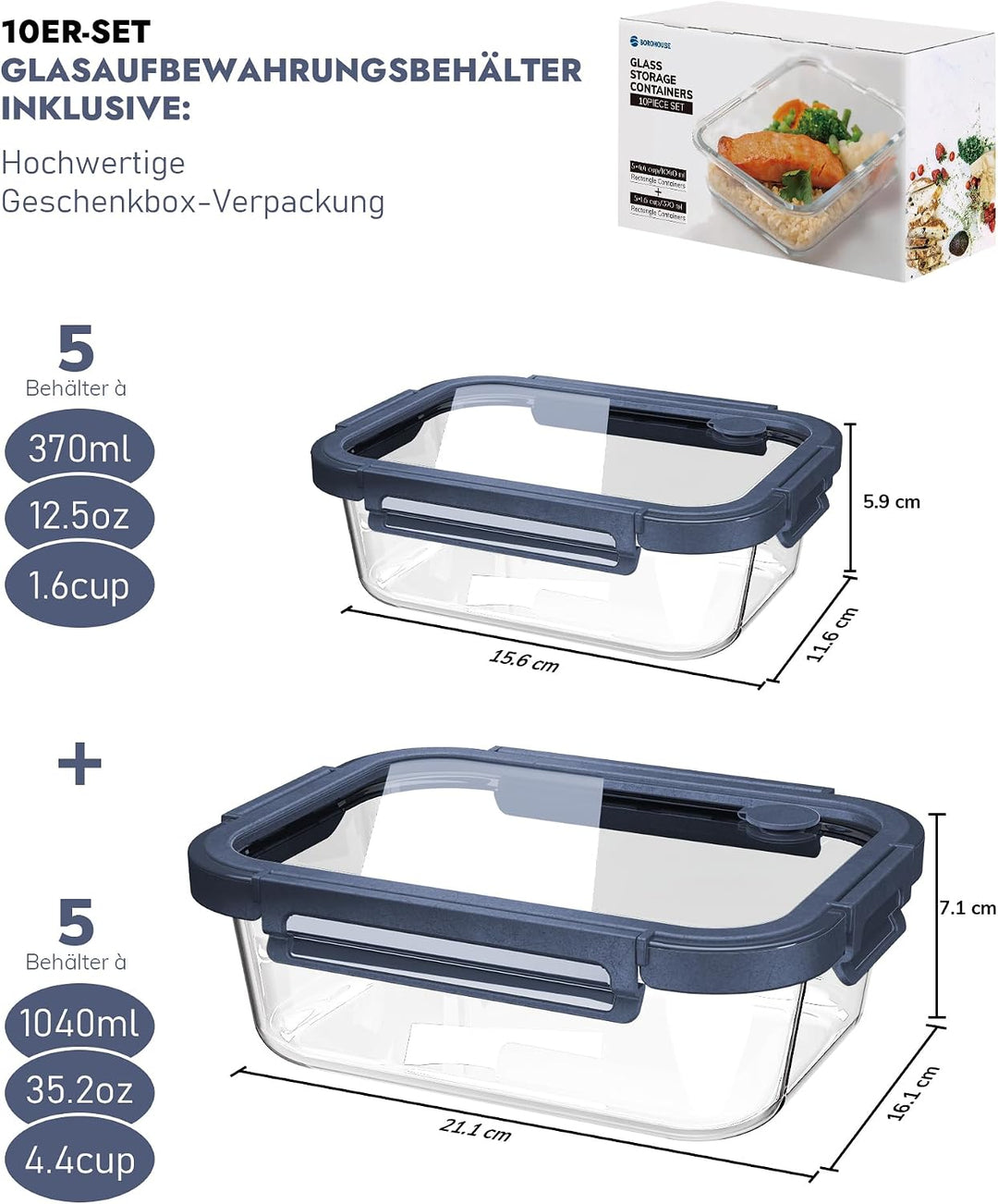 Glasbehälter mit Deckel, 10Stück – Luftdichte Frischhaltedosen für Meal Prep, Vorratsdosen für Küche