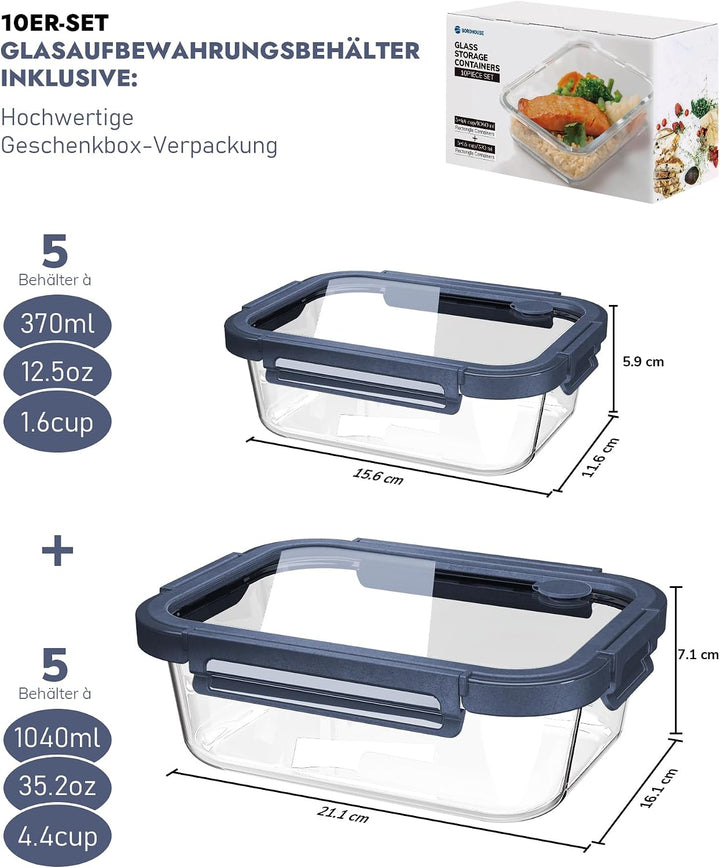 Glasbehälter mit Deckel, 10Stück – Luftdichte Frischhaltedosen für Meal Prep, Vorratsdosen für Küche