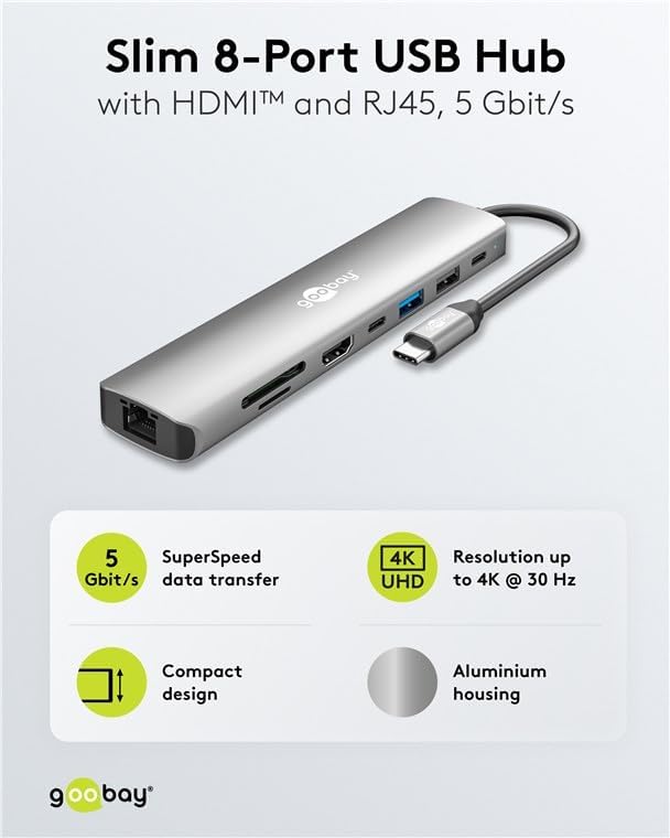 goobay USB-C Slim Hub 8-in-1 Dockingstation mit USB-C, 5Gbit/s, HDMI 4K 30 Hz, RJ45-100 Mbit/s, 2X U