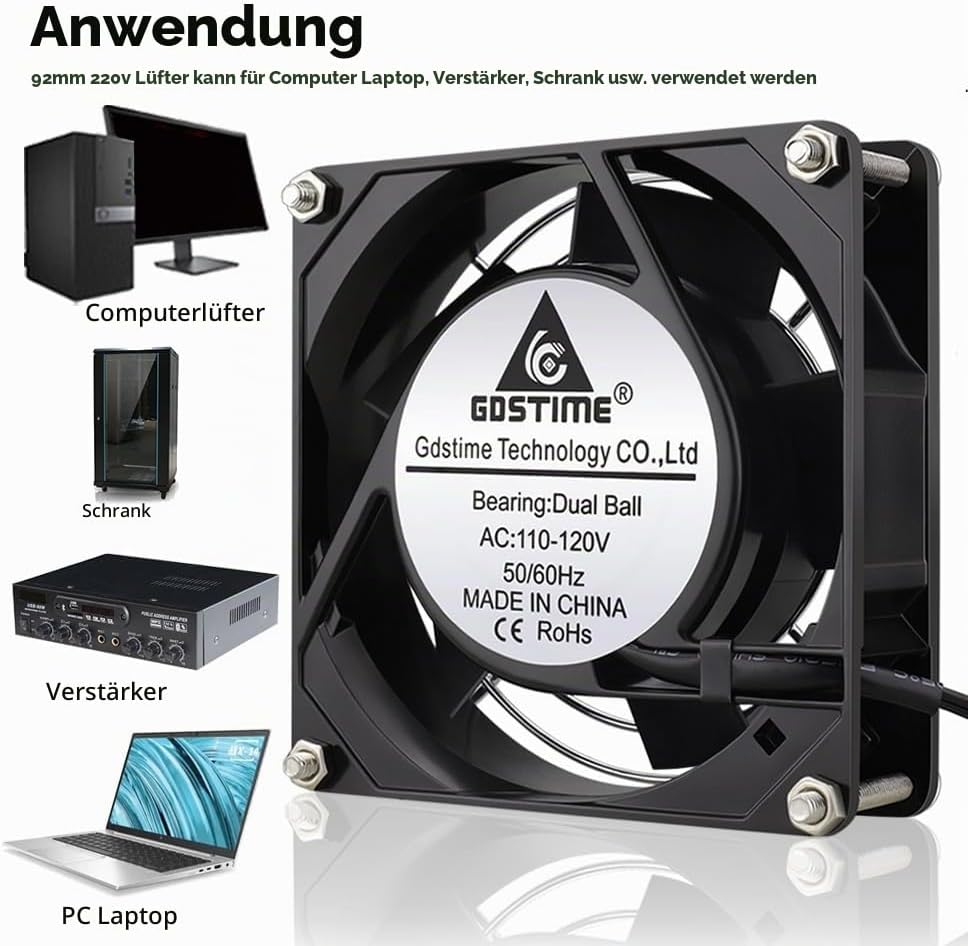 GDSTIME 230V Lüfter 92mm AC 92 x 25mm 220V Lüfter Dual Kugellager Axiallüfter, 92 x 25mm