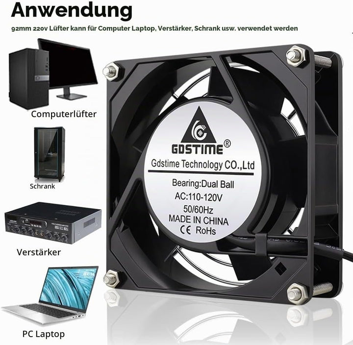 GDSTIME 230V Lüfter 92mm AC 92 x 25mm 220V Lüfter Dual Kugellager Axiallüfter, 92 x 25mm