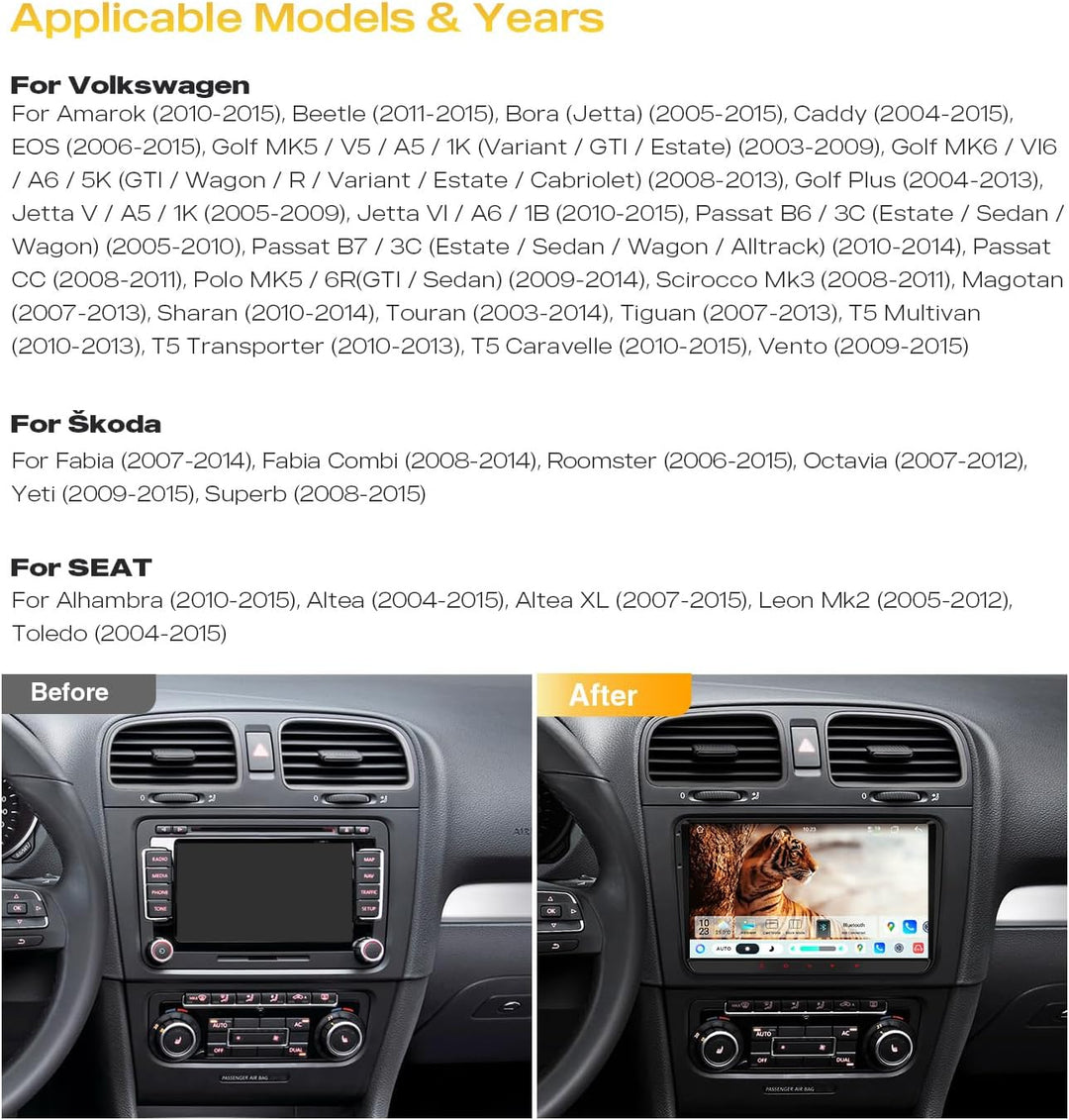 XTRONS Android 14 Autoradio Octa Core 8+128GB für VW Škoda SEAT 9-Zoll-IPS-QLED-Bildschirm Integrier