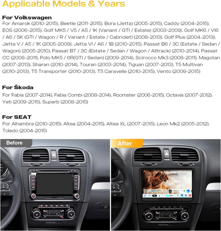 XTRONS Android 14 Autoradio Octa Core 8+128GB für VW Škoda SEAT 9-Zoll-IPS-QLED-Bildschirm Integrier