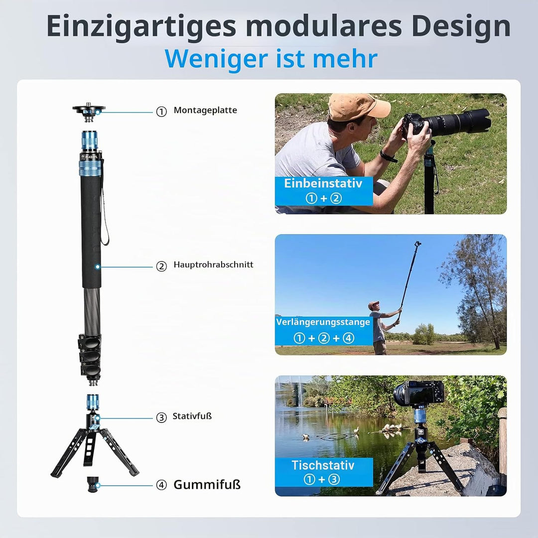 SIRUI P-424FL Kamera Einbeinstativ, 190cm Heavy Duty Carbon Fiber Foto Video Einbeinstativ, 4-Sectio