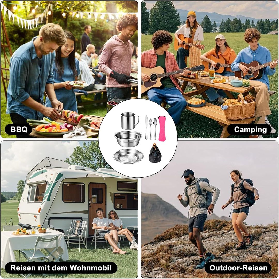 Campingbesteck Set 1 Person, Camping Geschirr Set Edelstahl mit Schalen Teller Tassen Gabeln Löffel
