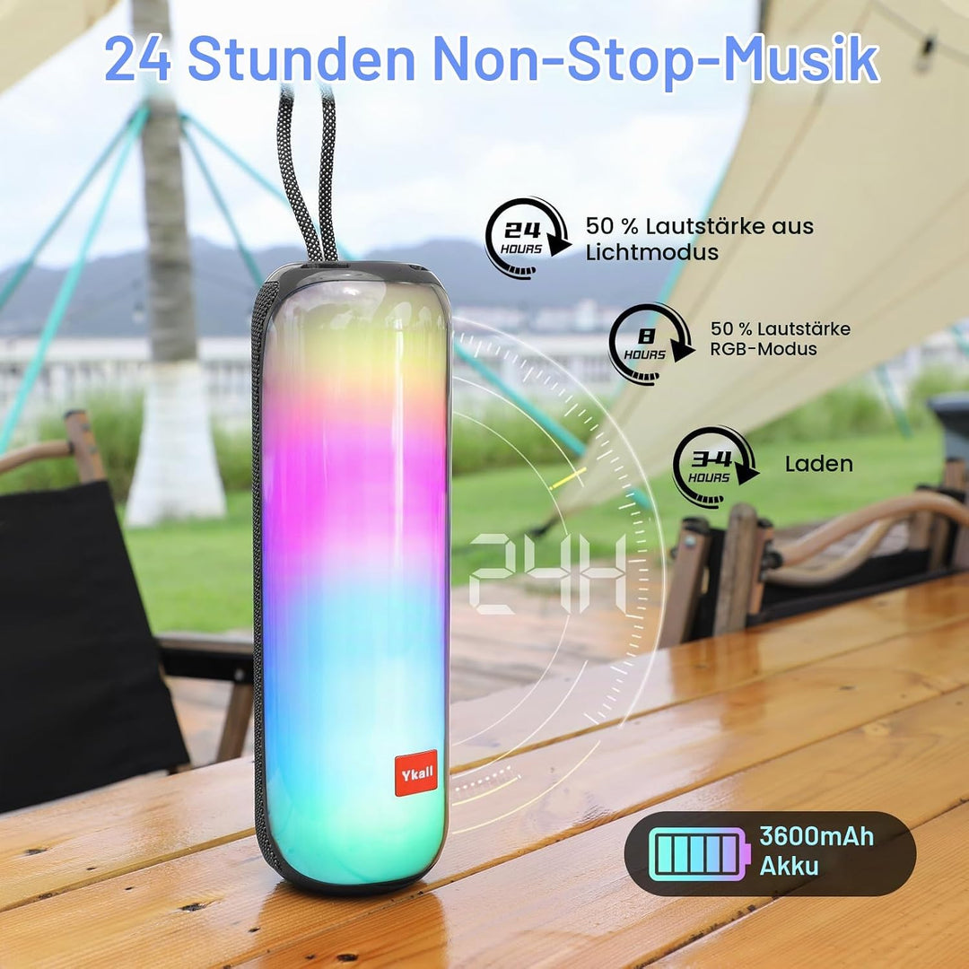 Bluetooth Lautsprecher mit Licht, Tragbarer 20W Musikbox mit 360° HD Stereo Sound, 24 Std. Spielzeit