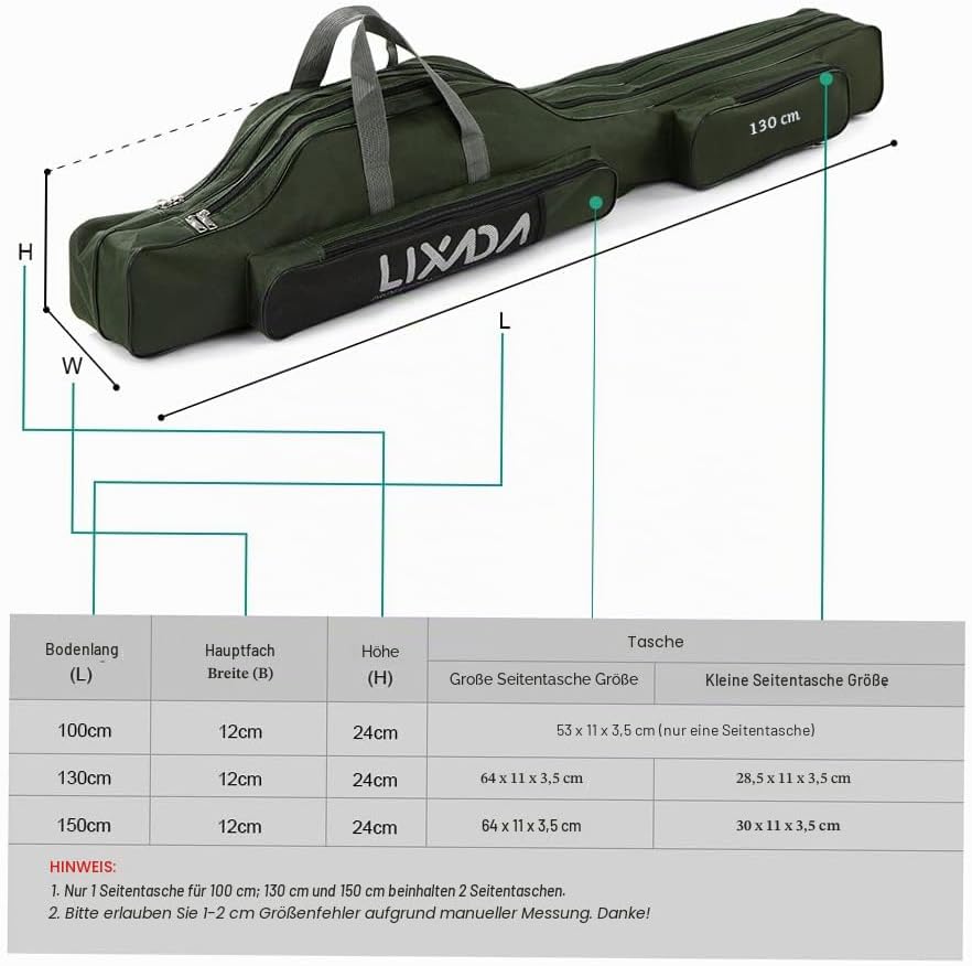 Lixada Tragbare Angeltasche, faltbar, Angelrutentasche, Outdoor-Angeltasche, 100 cm/130 cm/150 cm Gr