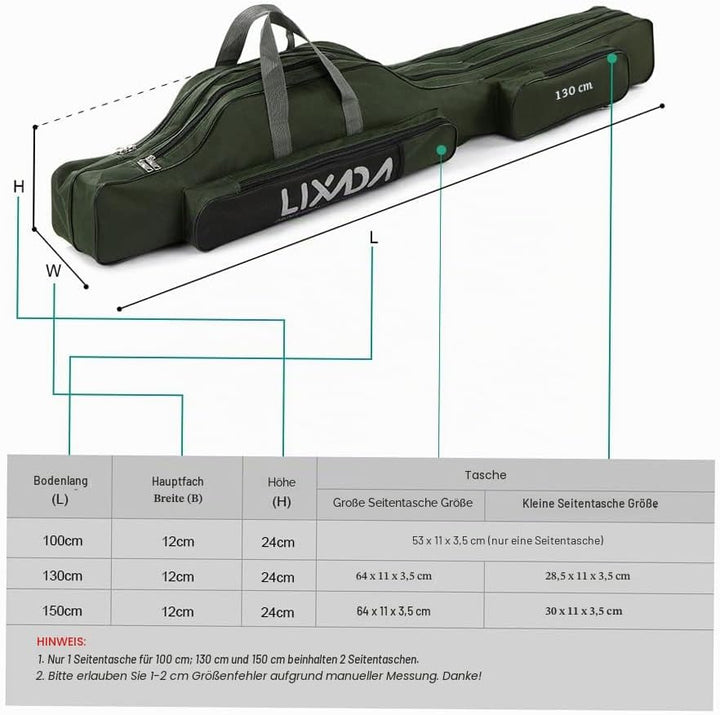 Lixada Tragbare Angeltasche, faltbar, Angelrutentasche, Outdoor-Angeltasche, 100 cm/130 cm/150 cm Gr