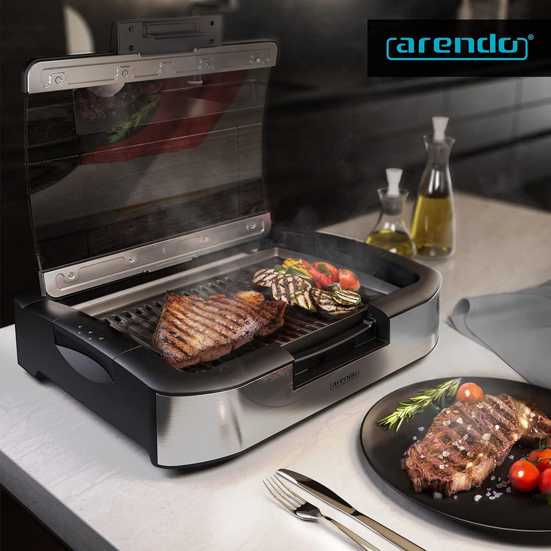 Arendo - Gourmet Tischgrill Elektrogrill Edelstahl - 1800 W - mit Glasabdeckung - für Balkon Garten