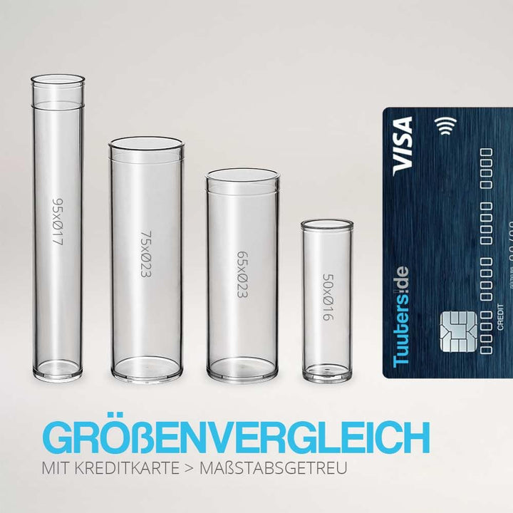 Tuuters 100x Kunststoff Reagenzgläser mit Korken, Kunststoffröhrchenn (65 x Ø23, Naturkorken) 65 x Ø