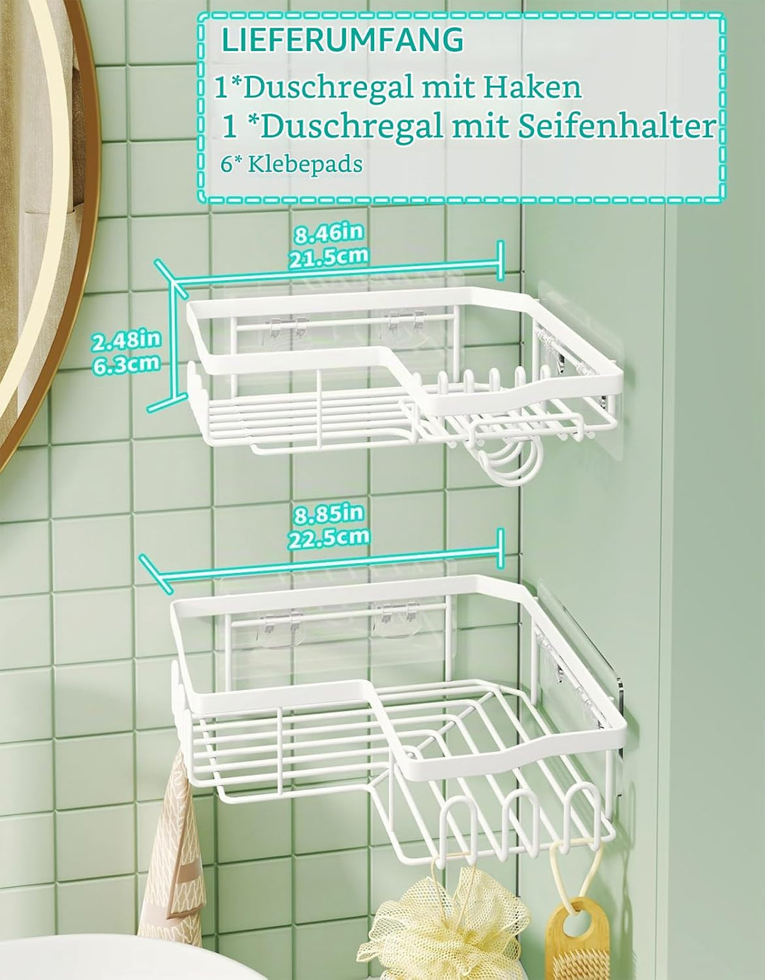 HapiRm Duschablage, Duschablage Ohne Bohren, Duschregal Ecke Mit 11 Haken Seifenschale Und Rasiererh