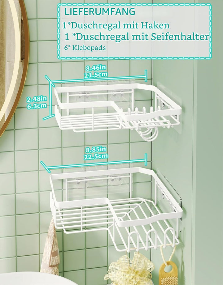 HapiRm Duschablage, Duschablage Ohne Bohren, Duschregal Ecke Mit 11 Haken Seifenschale Und Rasiererh