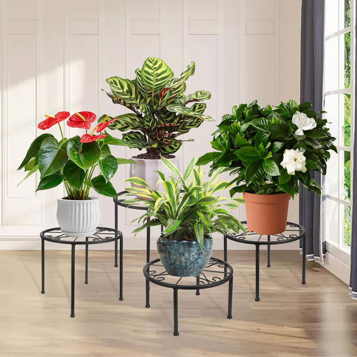 4er Set Blumenhocker Metall für innen, Schwarz Blumenbank Stand Wohnzimmer Blumenregal Balkon, Garte