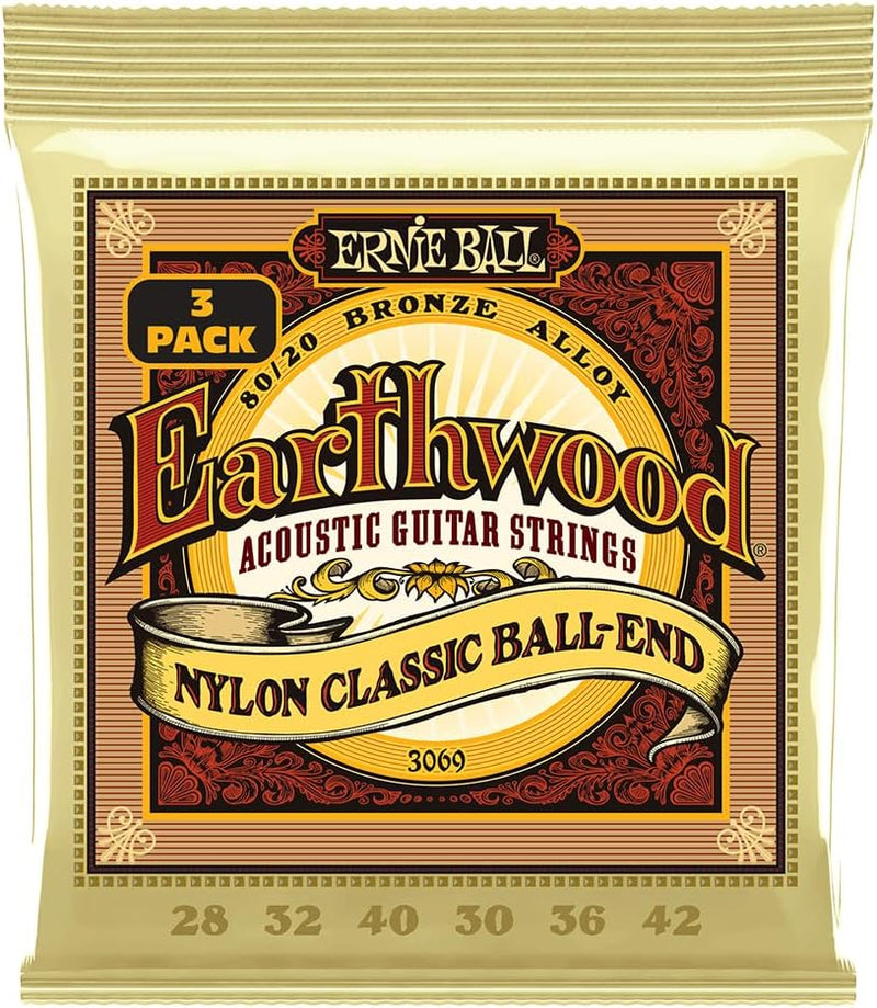 Ernie Ball Earthwood Folk Akustik-Gitarrensaiten, Nylon, transparent, goldfarbener Kugelkopf, 80/20-