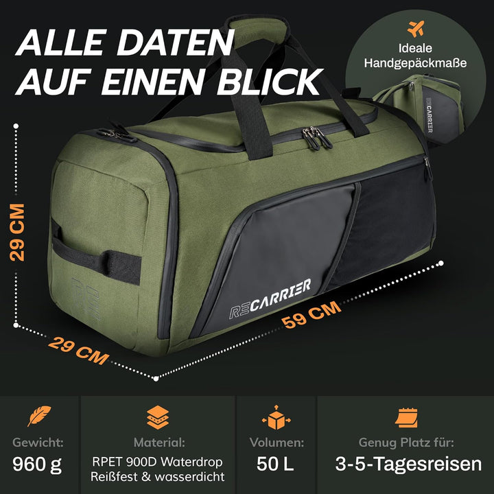 Sporttasche [RECYCELTES PET] 50L – Gym Bag und Rucksack in Einem – wasserdichte Trainingstasche Herr