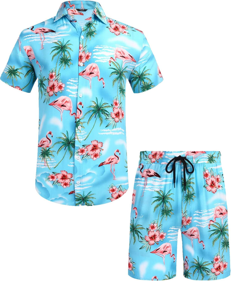 COOFANDY Herren Kurzarm Hemd Blumen Hawaiihemd und Shorts Set Floral Party Outfit Männer Button Down