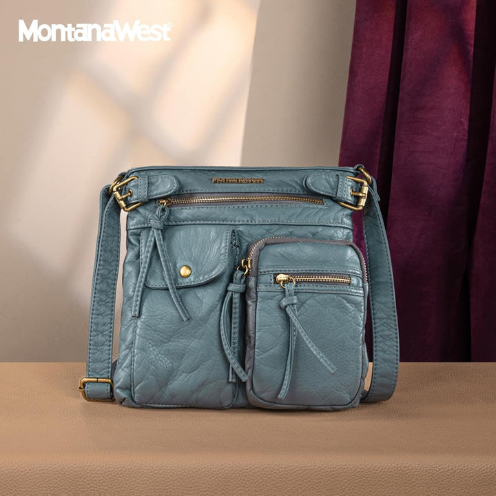 Montana West Damen Echtes Leder Tragetasche, Klassisch-blaue Jeans
