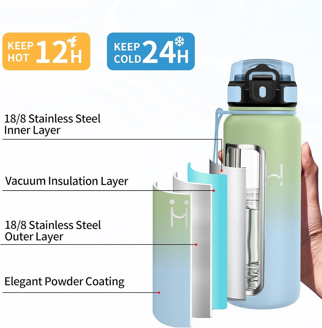 Thermosflasche 750ml, Trinkflasche Edelstahl mit Strohhalm, Trinkflasche Kohlensäure Geeignet, Klick