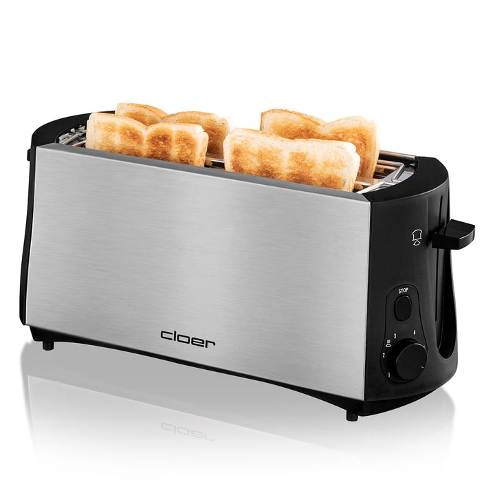 Cloer 3719 Langschlitztoaster für 4 Toastscheiben, 1380 W, integrierter Brötchenaufsatz, Nachhebevor