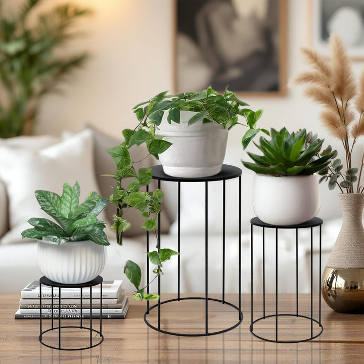 Spetebo Metall Blumenhocker 3er Set rund schwarz - 39, 29 und 19 cm - Industrial Design Pflanzenstän