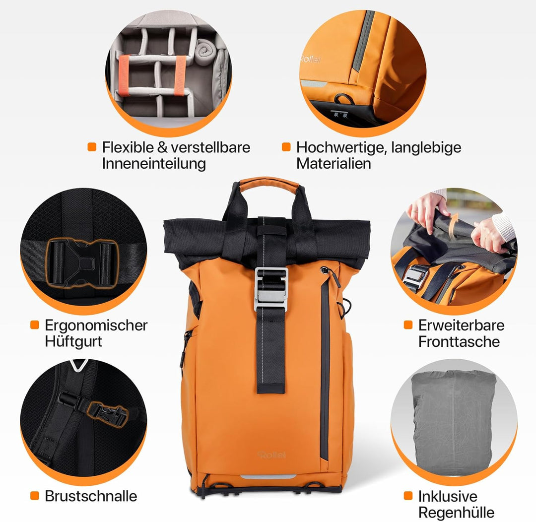 Rollei Fotoliner Ocean Rolltop Kamerarucksack Wasserdicht Fotorucksack Gross Kamera Rucksack mit Lap