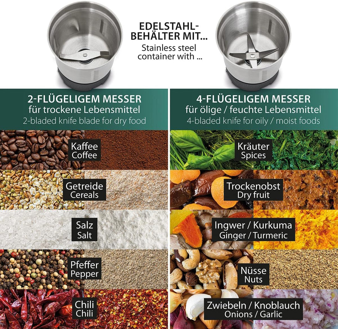 Cloer 7419 Elektrische Kaffee- und Gewürzmühle mit Edelstahl-Schlagmesser, 350W, 2 abnehmbare Edelst