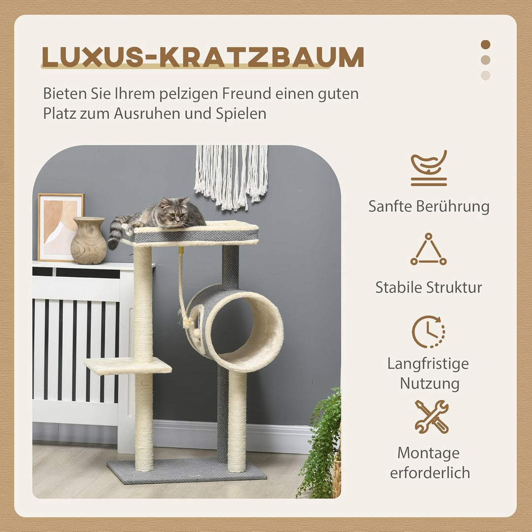 PawHut Kratzbaum 104 cm Katzenbaum mit Katzenhöhle, Katzenkratzbaum mit Spielball, Katzenbaum mit 2