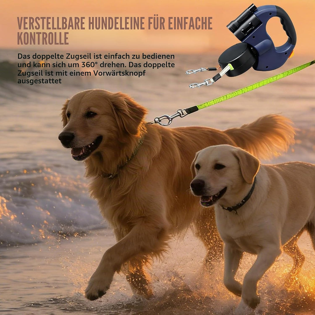 Einziehbare Hundeleine für 2 Hunde, 3m Doppelleine für 2 Hunde mit Licht, Anti Rutsch Griff, auszieh