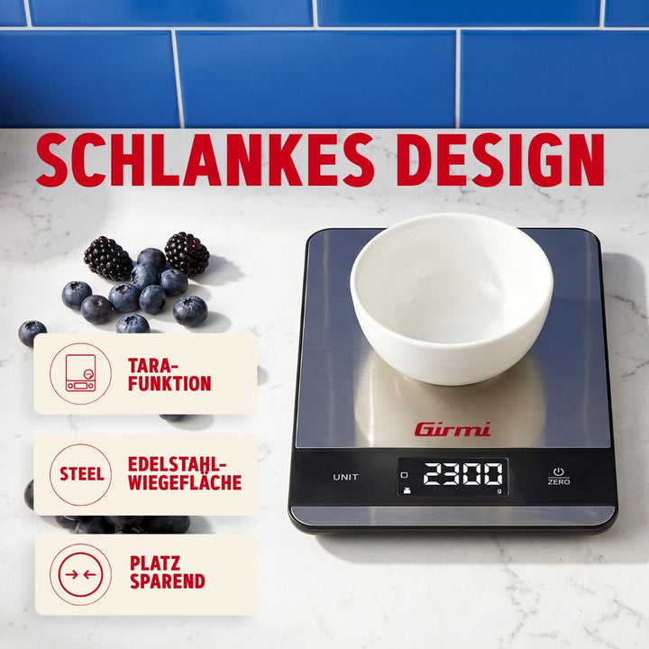 Girmi PS05 Elektronische Küchenwaage, 1 g/5 kg, Platte aus Edelstahl, Display mit hoher Helligkeit,