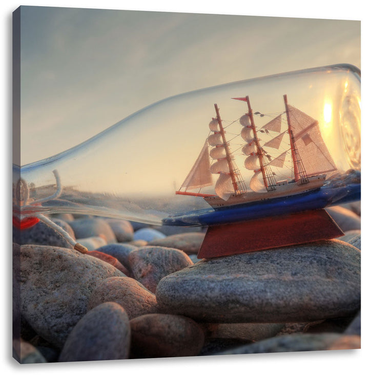 Flasche mit Schiff, Format: 70x70 auf Leinwand, XXL riesige Bilder fertig gerahmt mit Keilrahmen, Ku