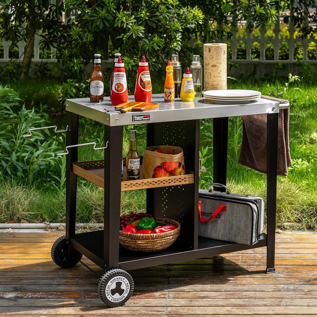 Royal Gourmet Grilltisch mit 85x50 cm Edelstahlplatte 3-Etage Grillwagen für Tischgrill und Pizzaöfe