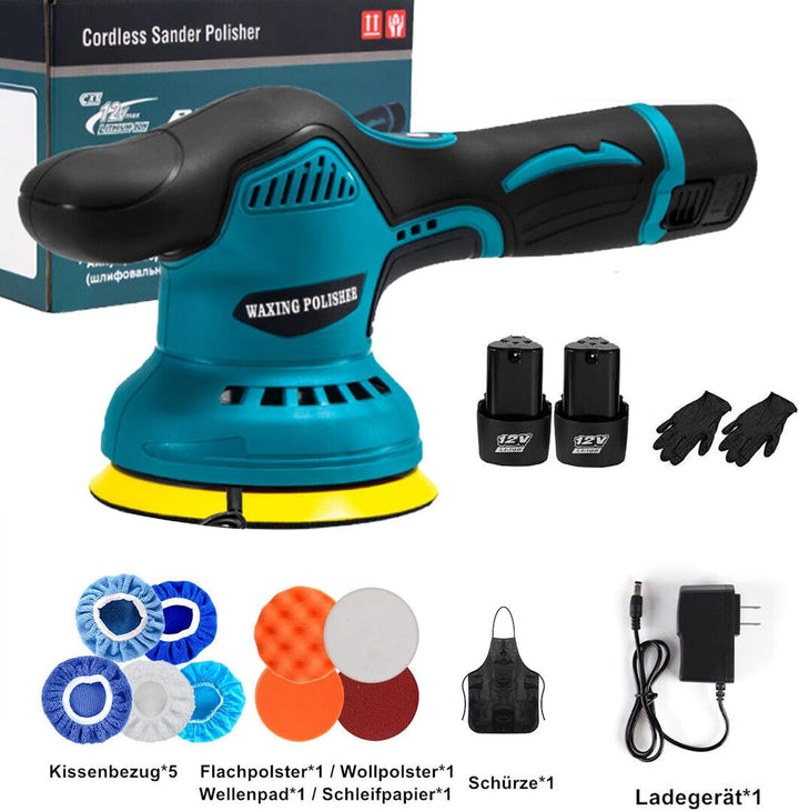 Akku Poliermaschine, 6 Zoll 145mm Autopolierer mit 2x2000mAh 12V Akkus,8 Variable Geschwindigkeiten