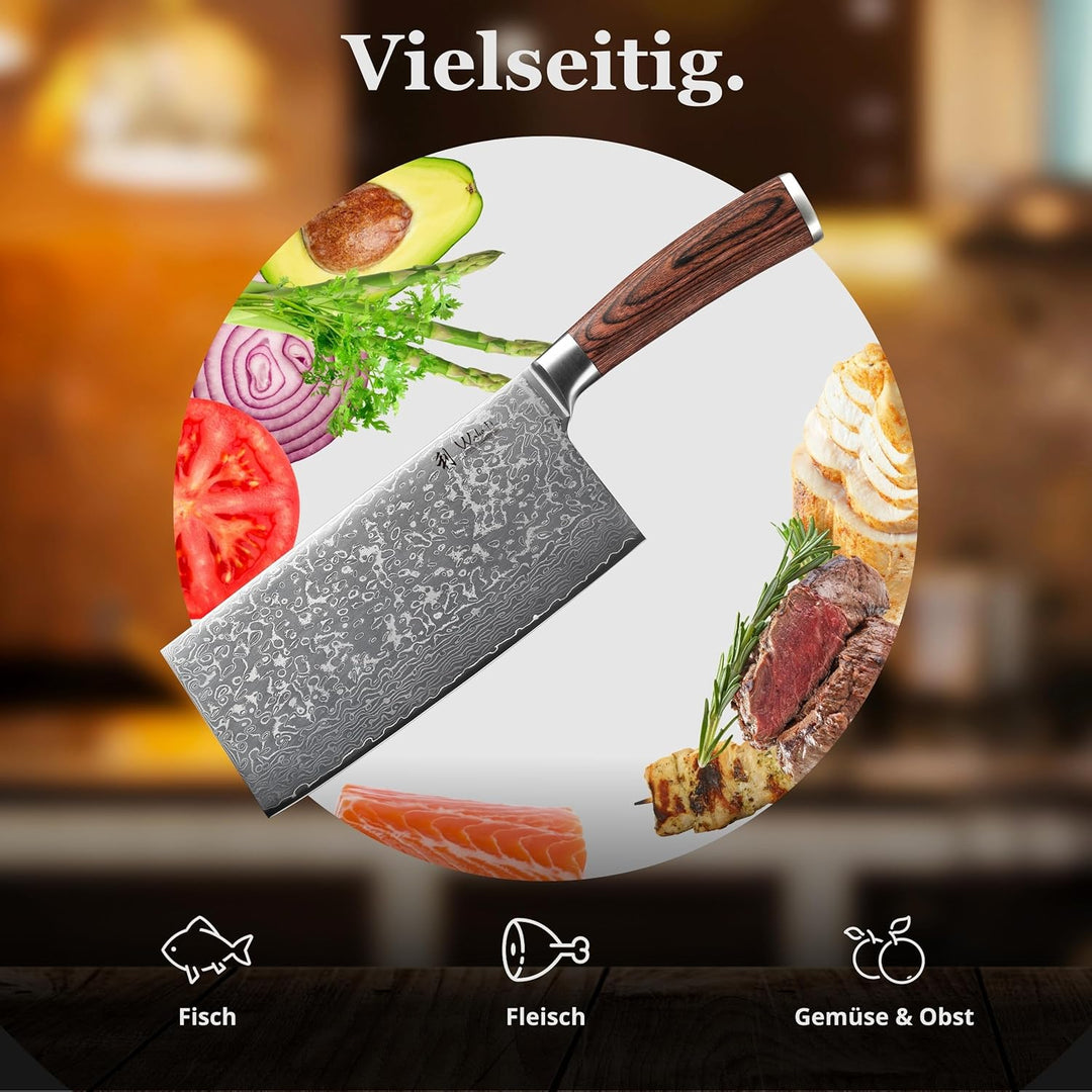 Wakoli EDIB Sakura Hackmesser 19 cm | Damast Hackbeil & Kochmesser aus 67 Lagen mit VG10 Kern, robus