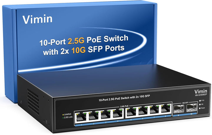 10-Port 2,5G PoE Switch Unmanaged, VIMIN 8X 2,5G Base-T PoE @130W+2X 10Gbps SFP, 8 Port PoE Switch m