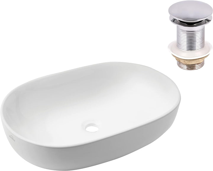 VBChome Waschbecken 60 x 41 cm Keramik Weiss Oval Pop-up ventil Click-Clack Waschtisch Handwaschbeck