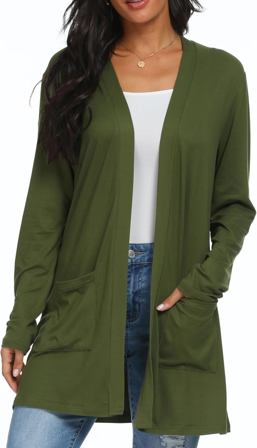 QIXING Casual Leichte Strickjacke Damen Lang Elegant Dünne Strickjacke Lange Ärmel mit Taschen Open