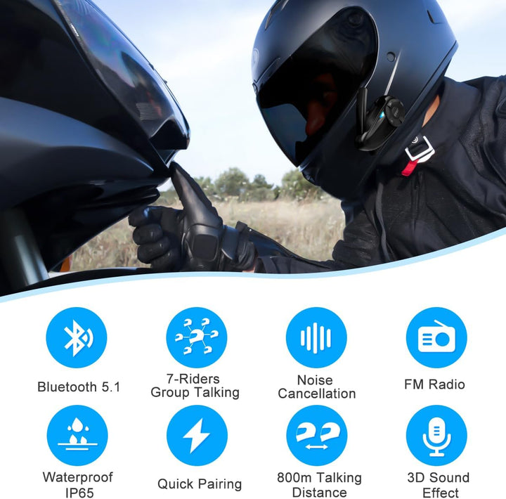 SolaMr Motorradhelm Headset BT5.1 Motorrad Wasserdichtes Intercom Kommunikationssystem Bluetooth Hea