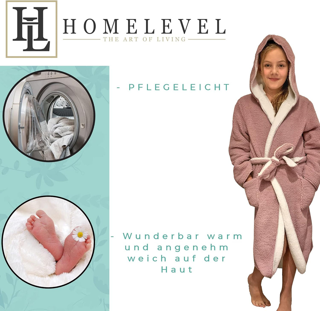HOMELEVEL Kuschelfleece Bademantel für Kinder - Sherpa Morgenmantel mit Taschen Schalkragen Gürtel -