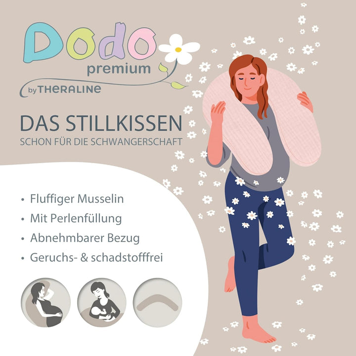 Theraline Stillkissen & Schwangerschaftskissen Dodo Pillow Premium - 180cm inkl. Bezug aus Musselin